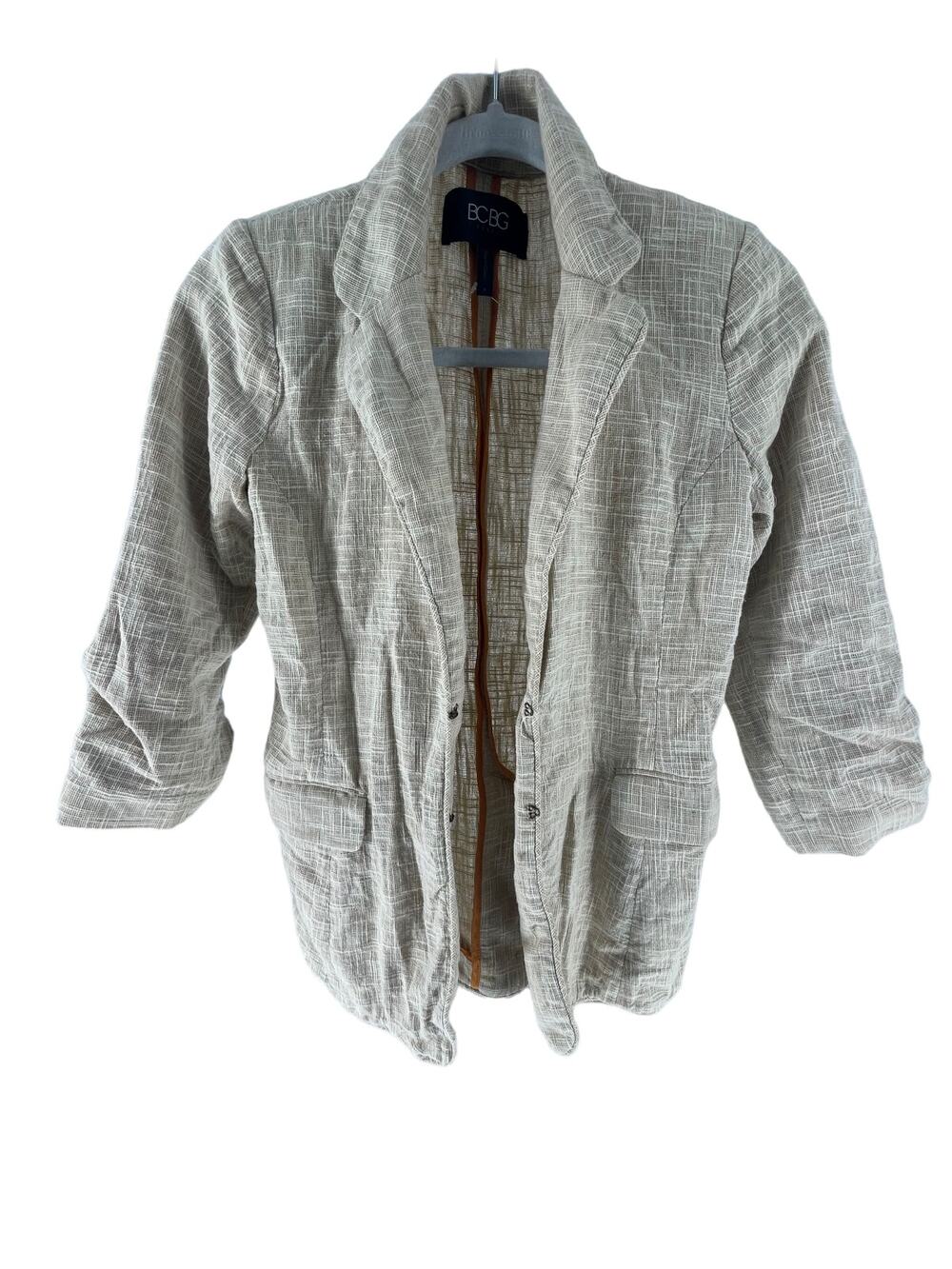 BCBG Paris Tan Linen Blend 3/4 Cinched Sleeve Button Down Blazer Women's Size 0